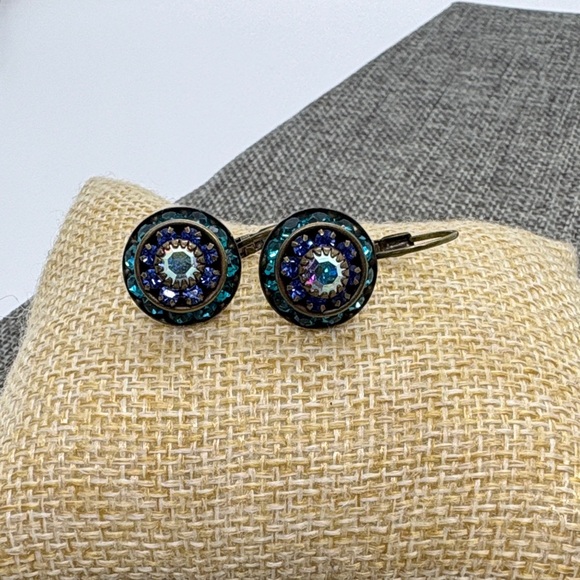 Liz Palacios Swarovski Crystal Blue and Antique Brass Dangle Earrings - Picture 4 of 10